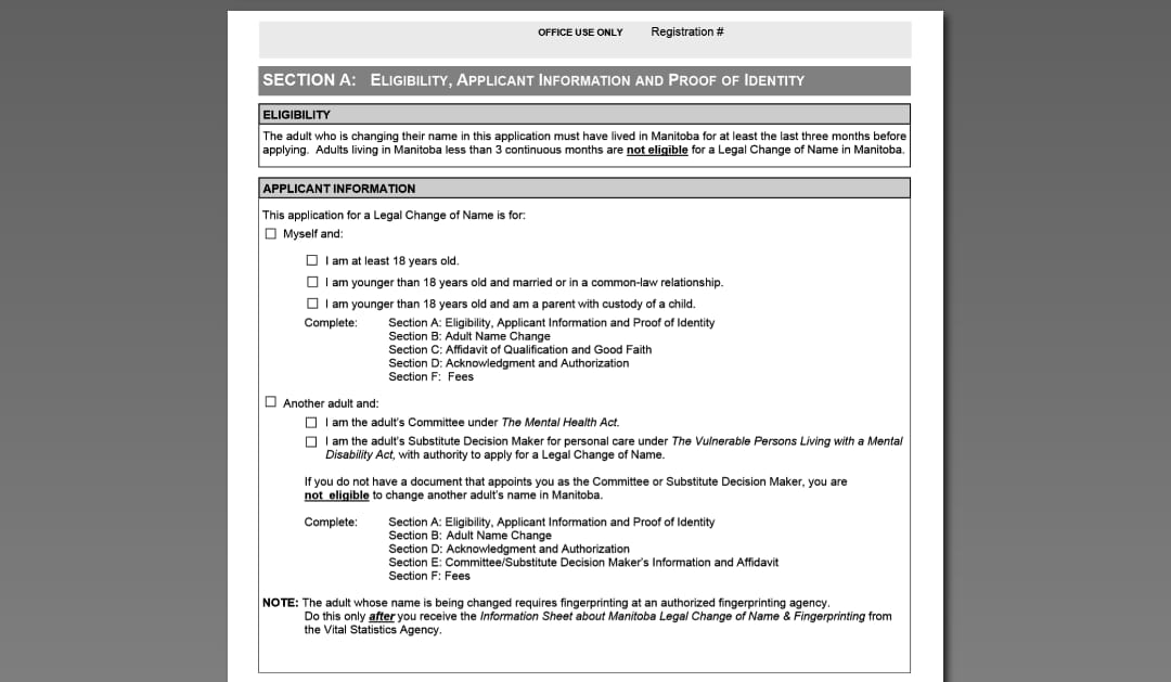 First part of the applicant information of the adult form on section A