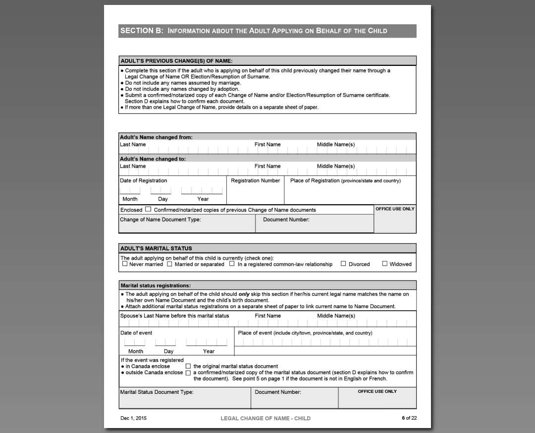 Adult previous name change and marital info