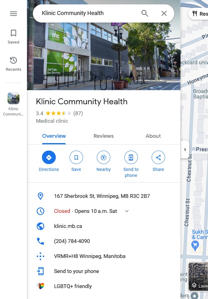 Klinic Community Health on Google Maps, with a large Directions button