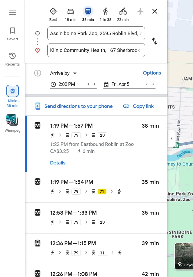 Transit tab selected, routing a trip from Assiniboine Park Zoo to Klinic