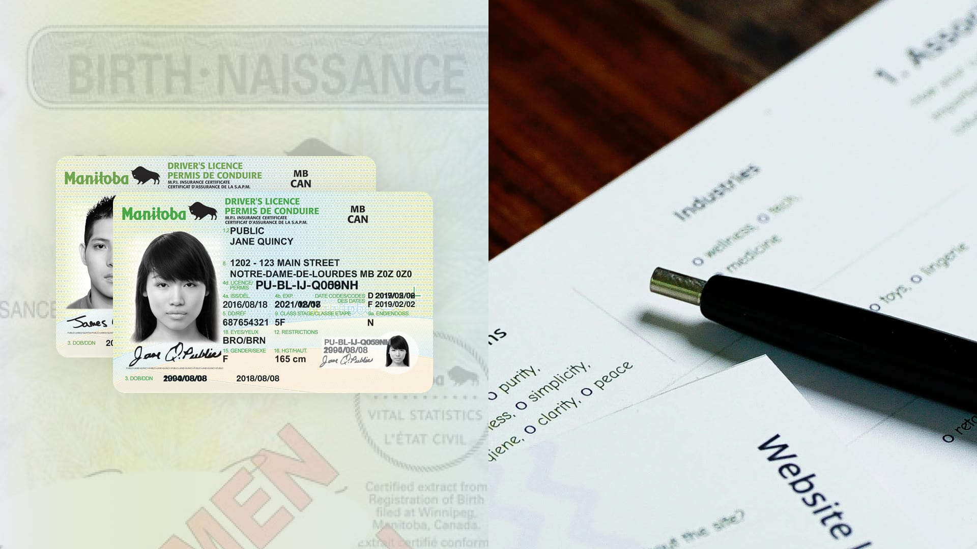 Various legal documents, including driver's license and birth certificate