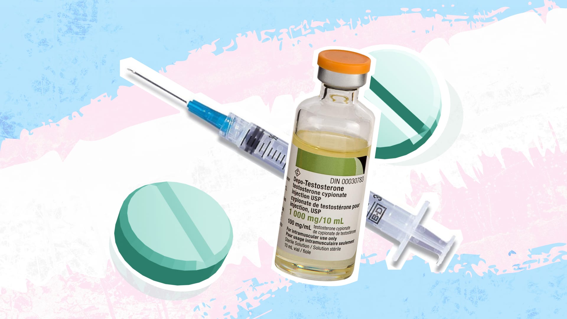Various HRT supplies, such as estradiol pills, a needle, and a vial of testosterone cypionate