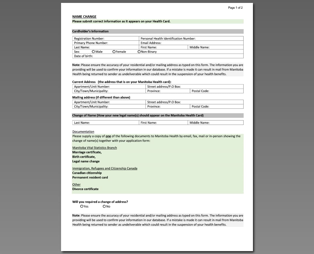 Manitoba Health name change form